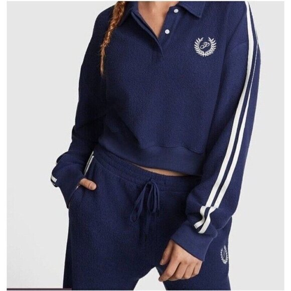 Victoria’s Secret PINK Size M Blue Reverse Fleece Polo Cropped Sweatshirt NWT - Picture 1 of 10